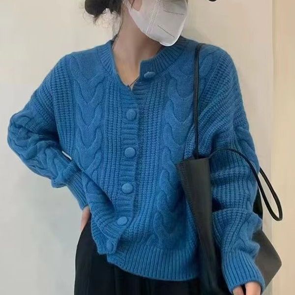 Dark Salmon Cable-Knit Button-Up Cardigan