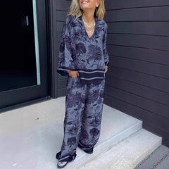 V-neck long-sleeved printed casual suit