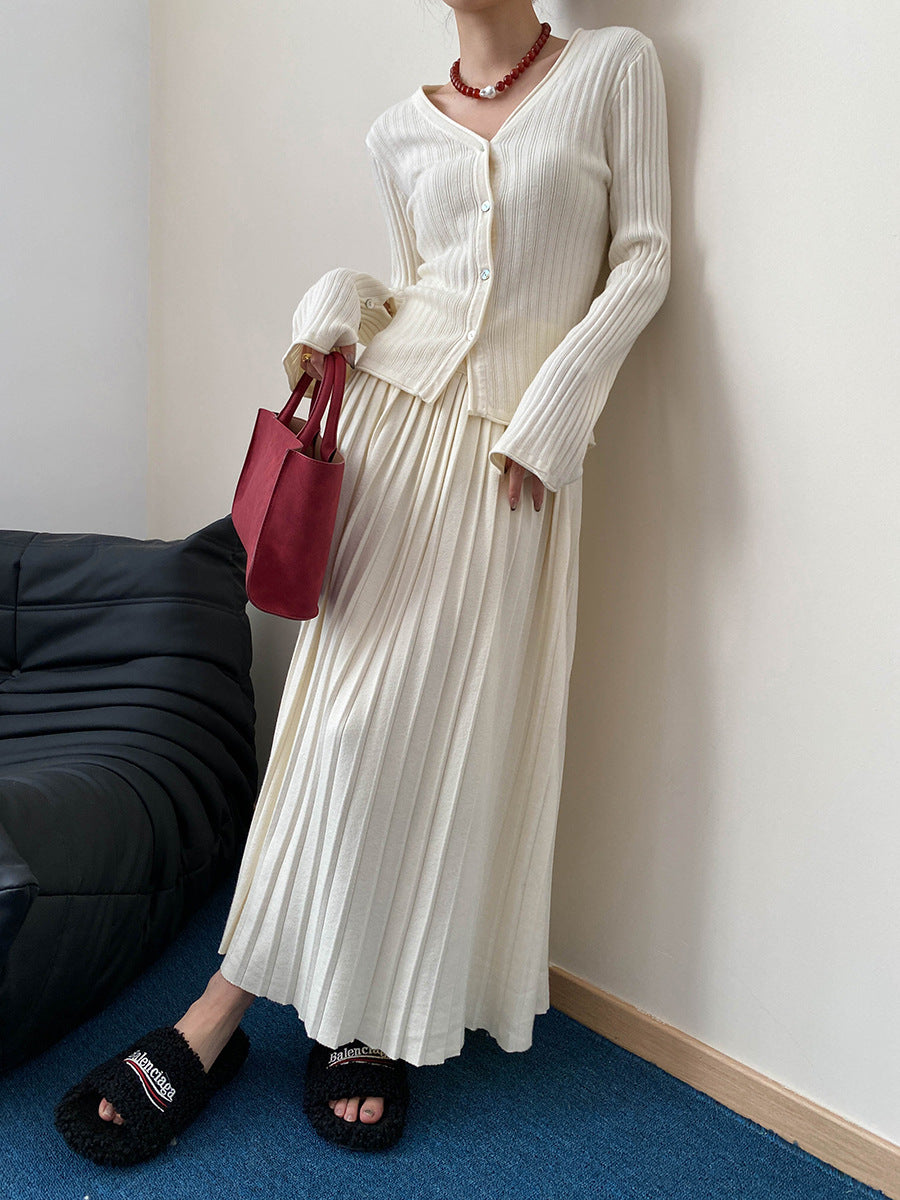 Knit Cardigan & Pleated Midi Skirt Set