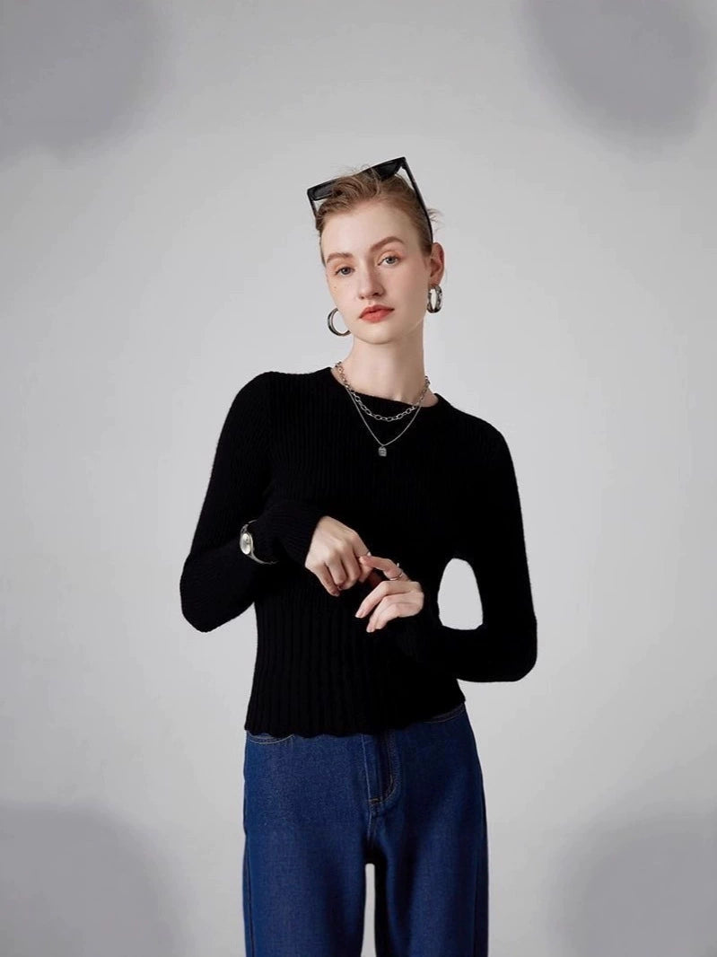 Ribbed Knit Mesh Ruffled Hem Bell Sleeve Top