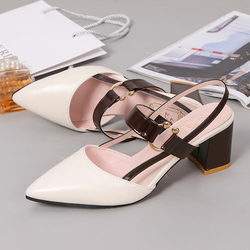 thick heel pointed toe buckle high heel sandals