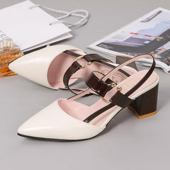 thick heel pointed toe buckle high heel sandals