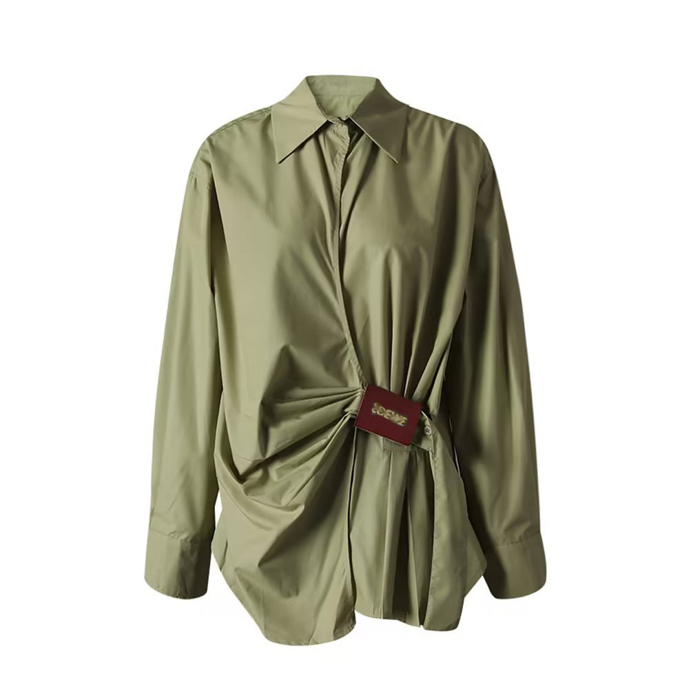 Cotton Ruched Shirt with Faux Leather Detail
