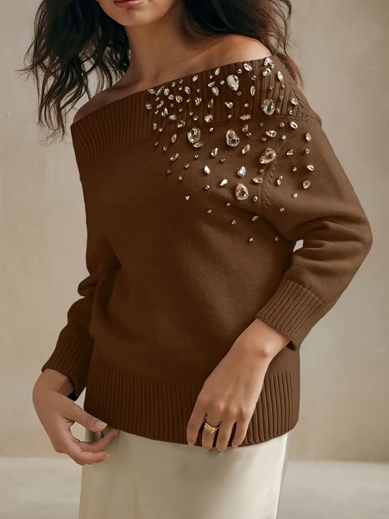 Rhinestone-Embellished Off-Shoulder Sweater