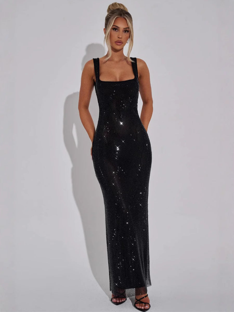 Sparkling Square Neck Sequined Maxi Dress