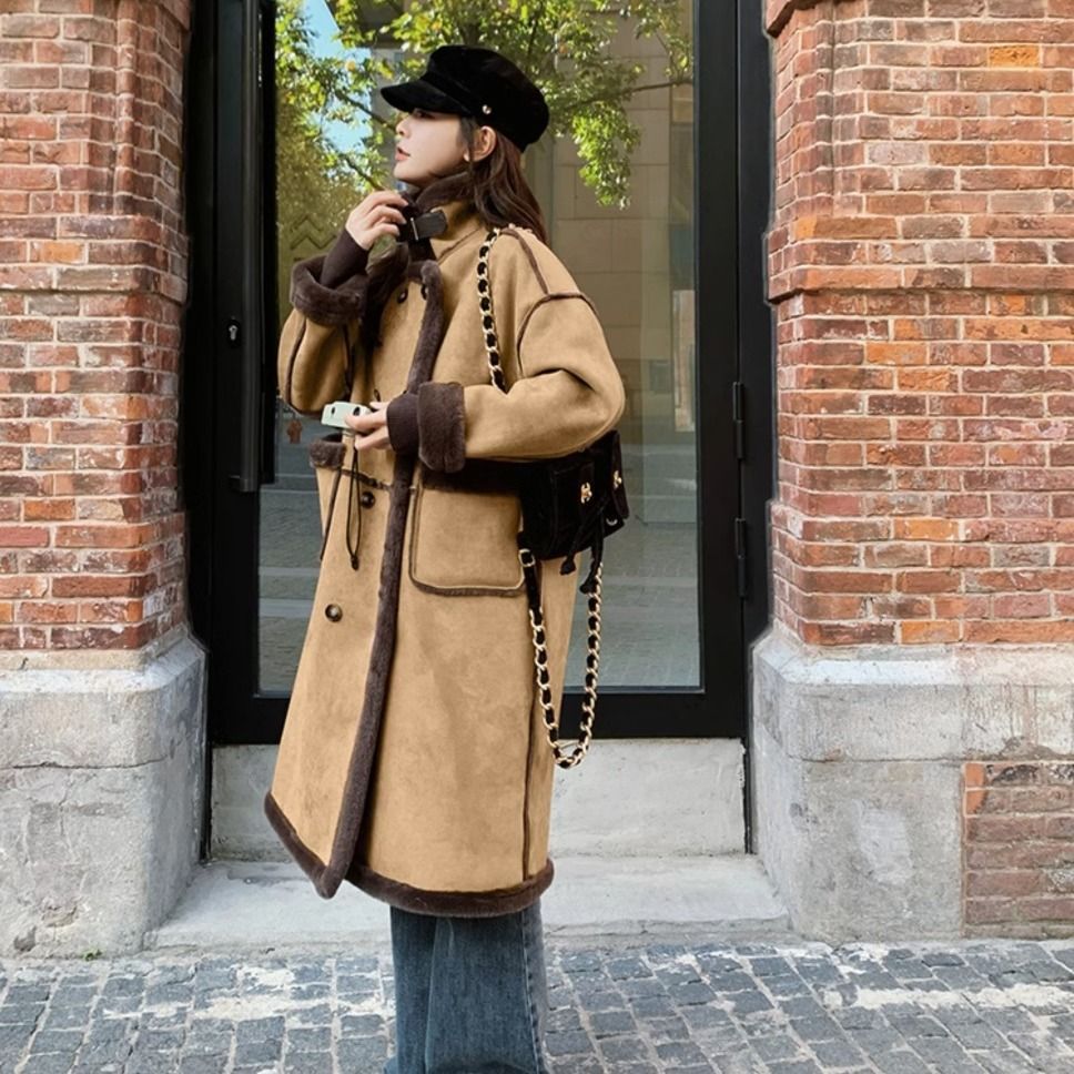 Double-Breasted Fleece Lined Faux Leather Longline Coat