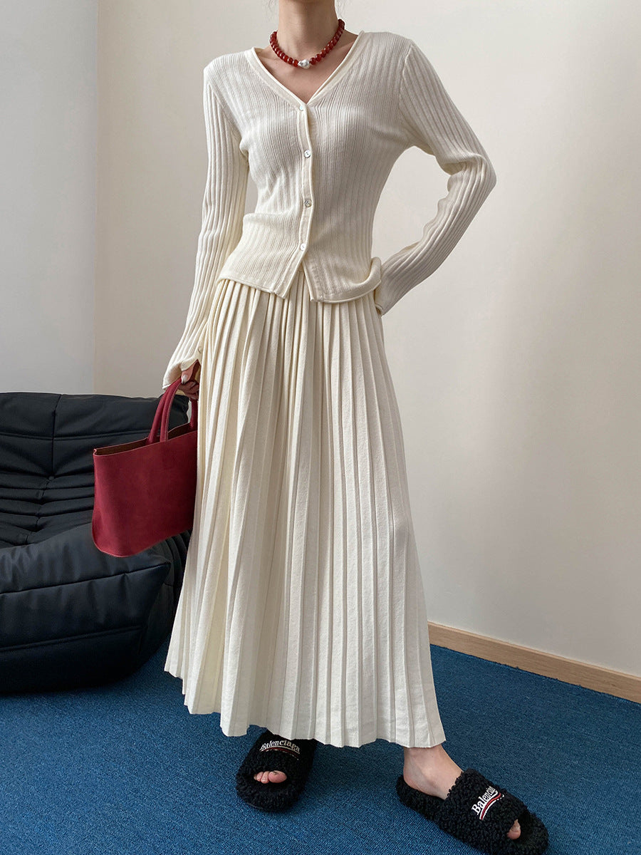 Knit Cardigan & Pleated Midi Skirt Set