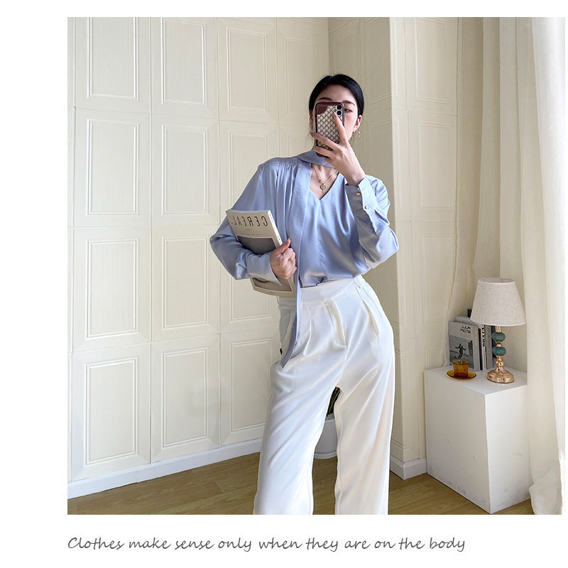 White Tie Neck Satin Blouse