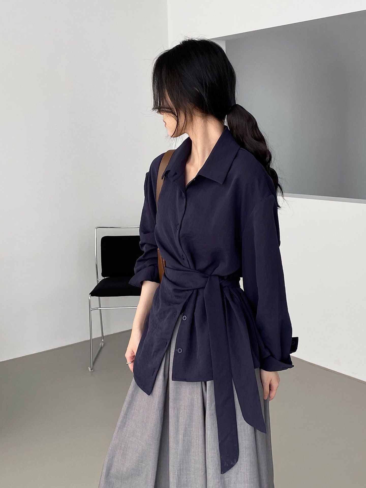 Long Sleeve Wrap-Tie Waist Shirt