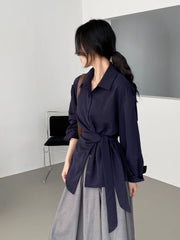 Long Sleeve Wrap-Tie Waist Shirt