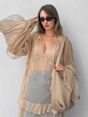 Semi-Sheer Chiffon Layered Dress With Cloak