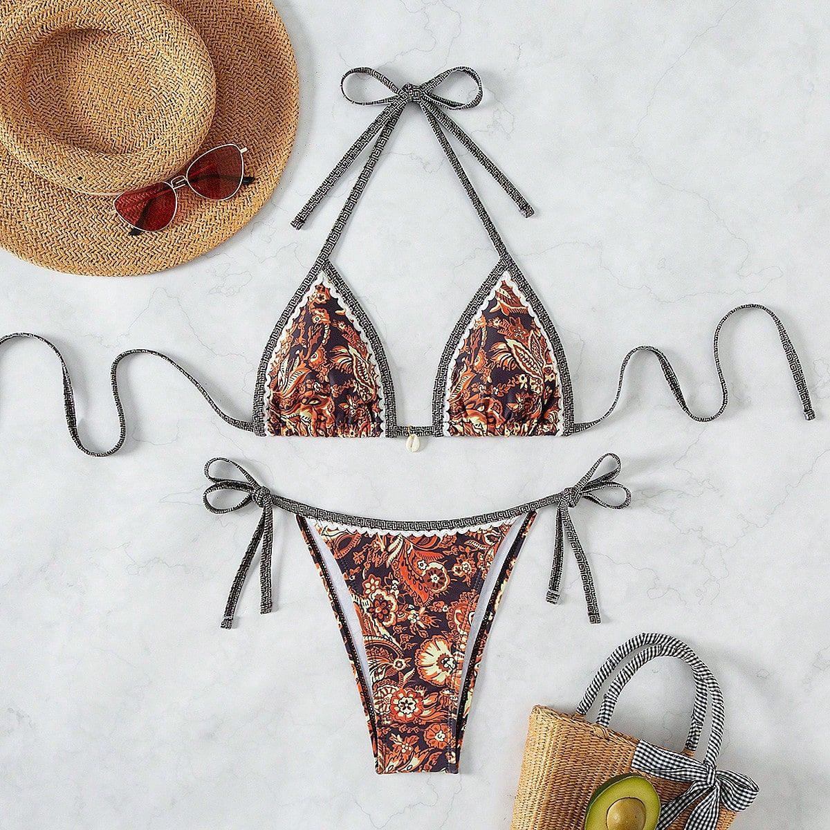 Printed Halter Knotted Bikini Set