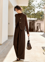 Herringbone Three-Piece Set â€?Vest, Blouse & Wide-Leg Pants