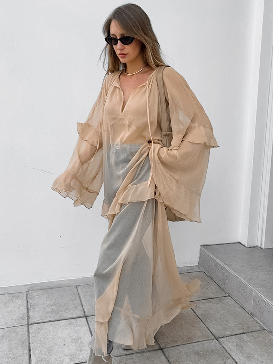 Semi-Sheer Chiffon Layered Dress With Cloak