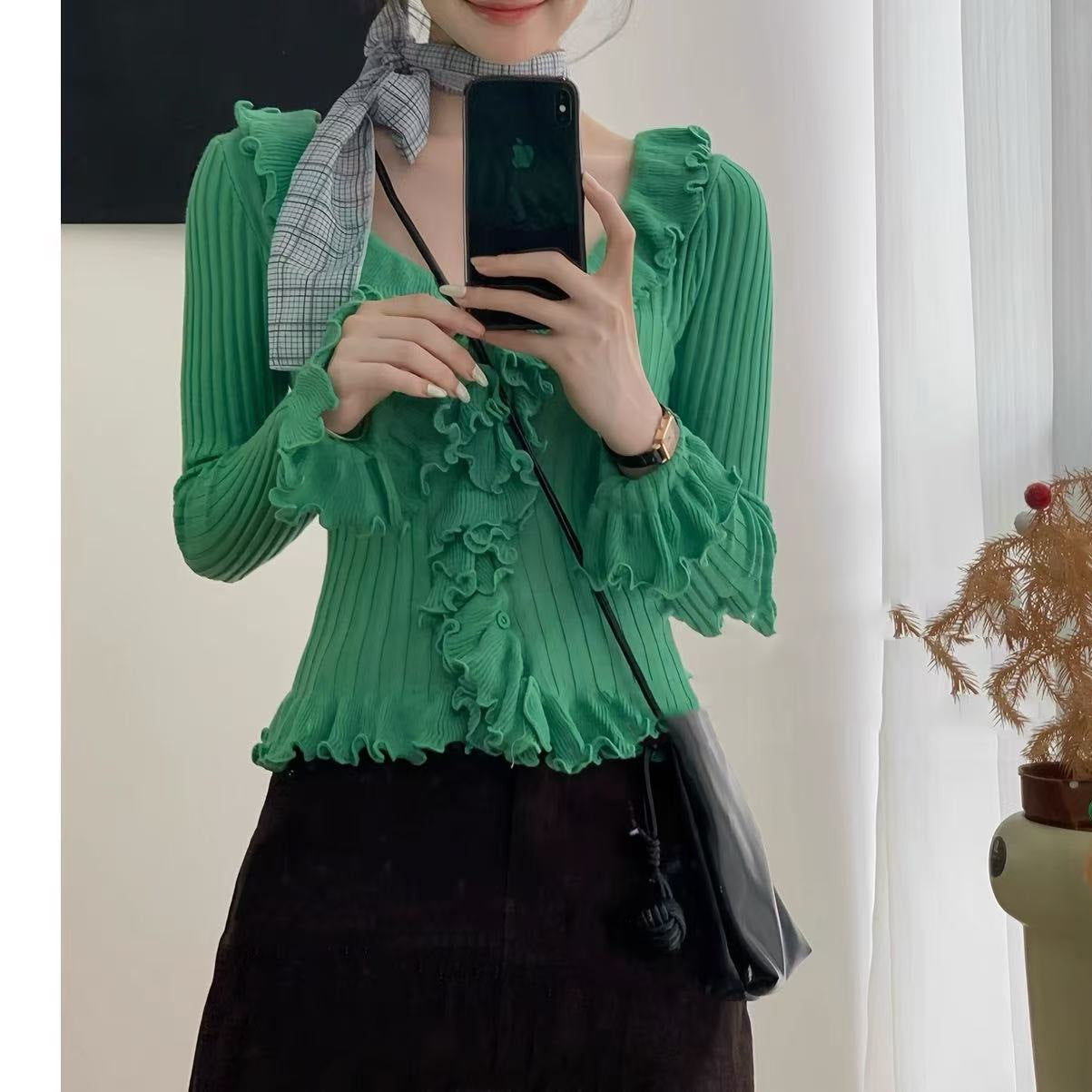 Ruffled V-Neck Knit Cardigan