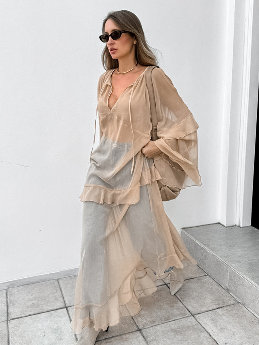 Semi-Sheer Chiffon Layered Dress With Cloak