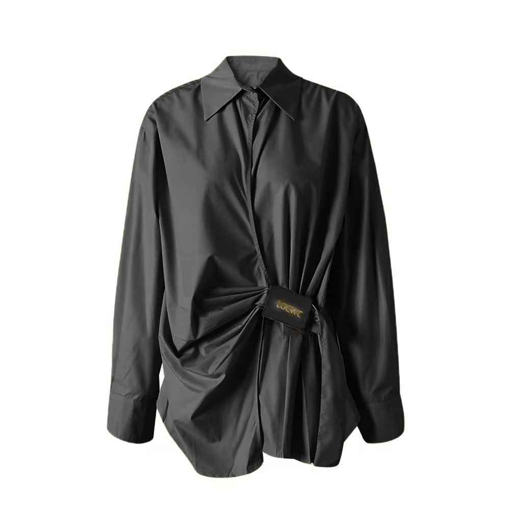 Cotton Ruched Shirt with Faux Leather Detail