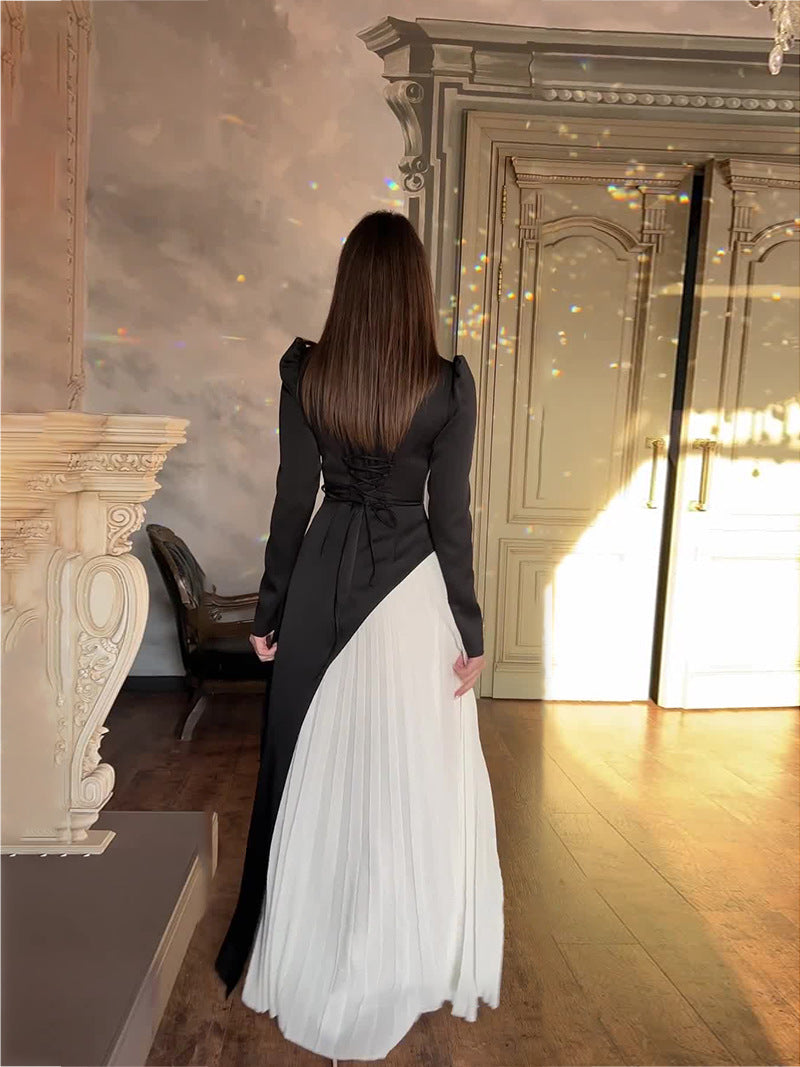 Two-Tone Long Sleeve Pleated Midi Dress