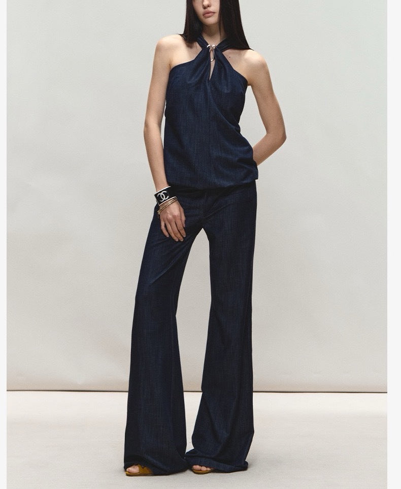 Satin Halter Neck Top and Wide-Leg Pants Set