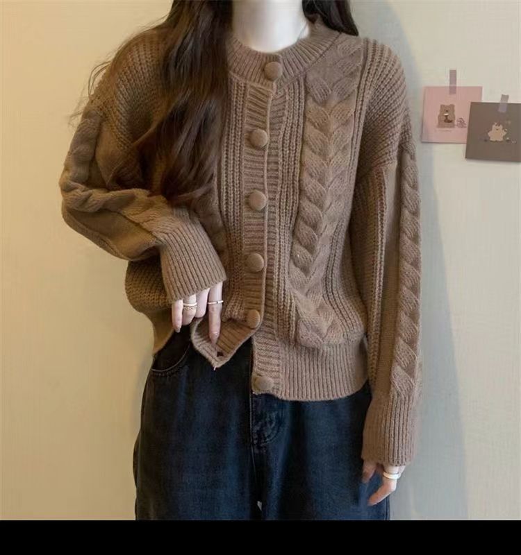 Dark Salmon Cable-Knit Button-Up Cardigan