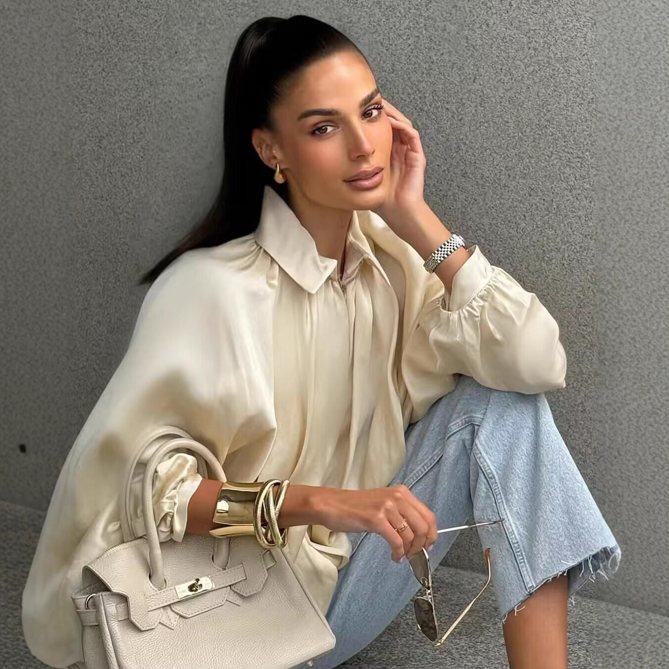 Satin Pleated Lantern-Sleeve Shirt Jacket