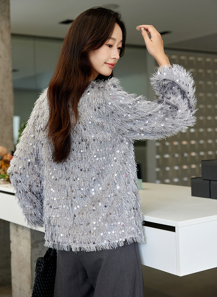 Sequin Fringe Crewneck Blouse â€?Elegant Straight Fit