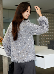 Sequin Fringe Crewneck Blouse â€?Elegant Straight Fit