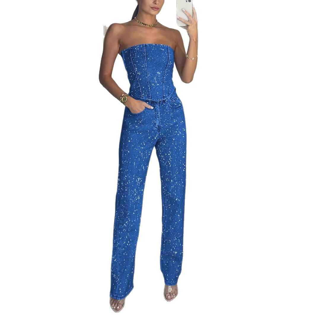 sexy off-shoulder sparkling diamond pants suit
