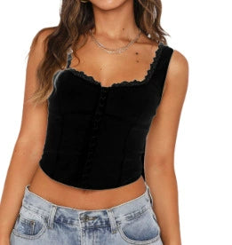 Lace Trim Button Up Strappy Top