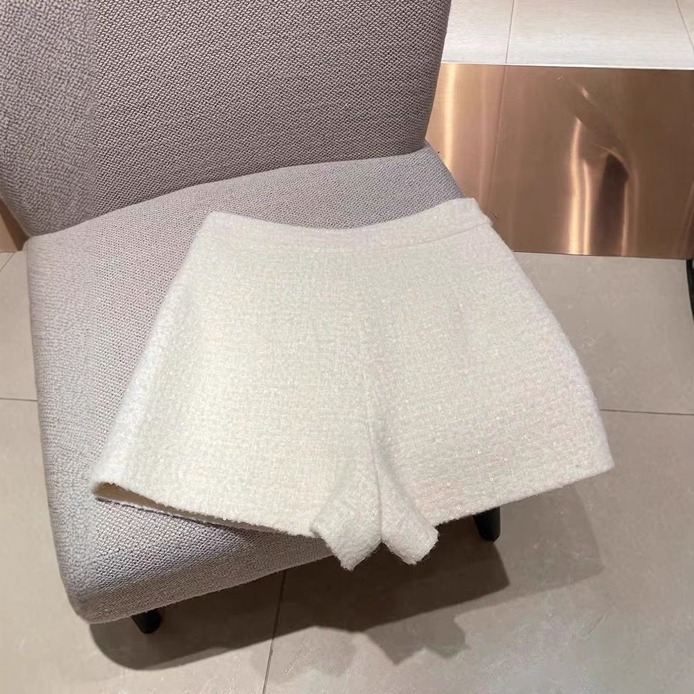 Floral White Faux Pearl Metallic Thread Tweed Shorts