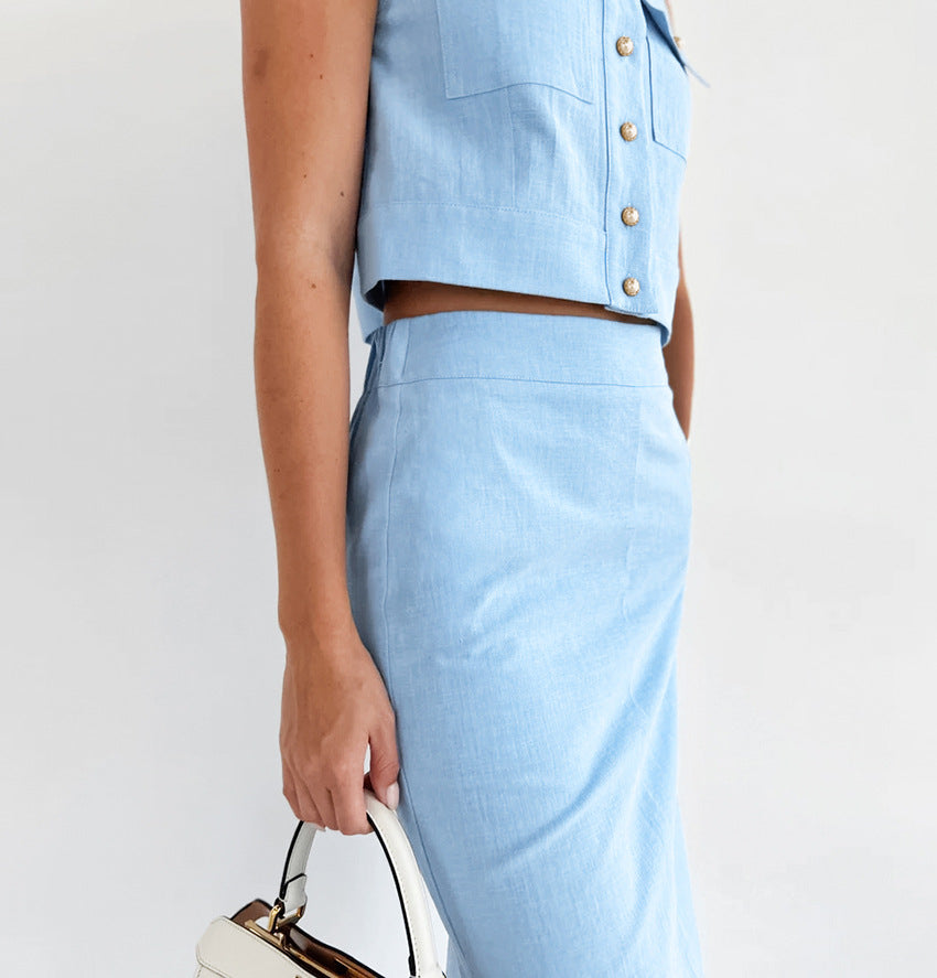 Split Pockets Sleeveless Skirt Set