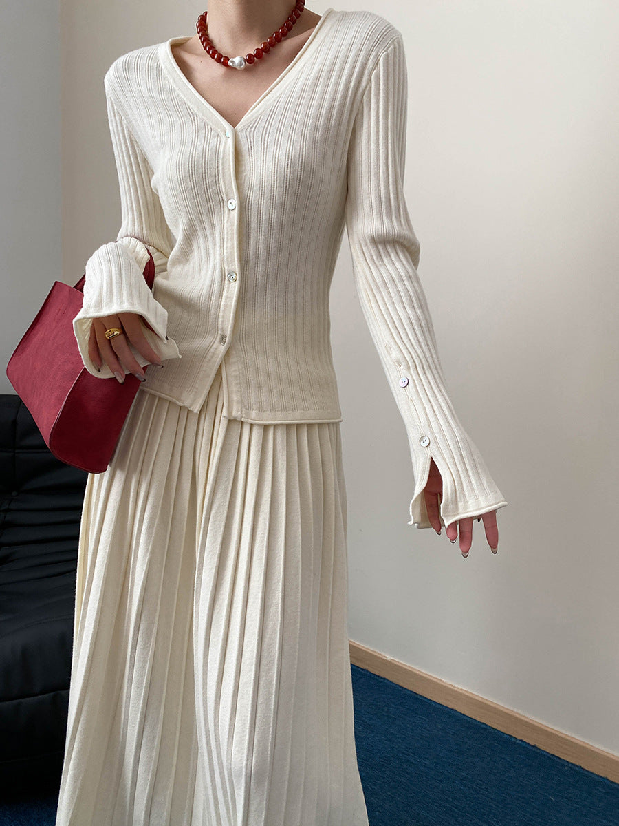 Knit Cardigan & Pleated Midi Skirt Set