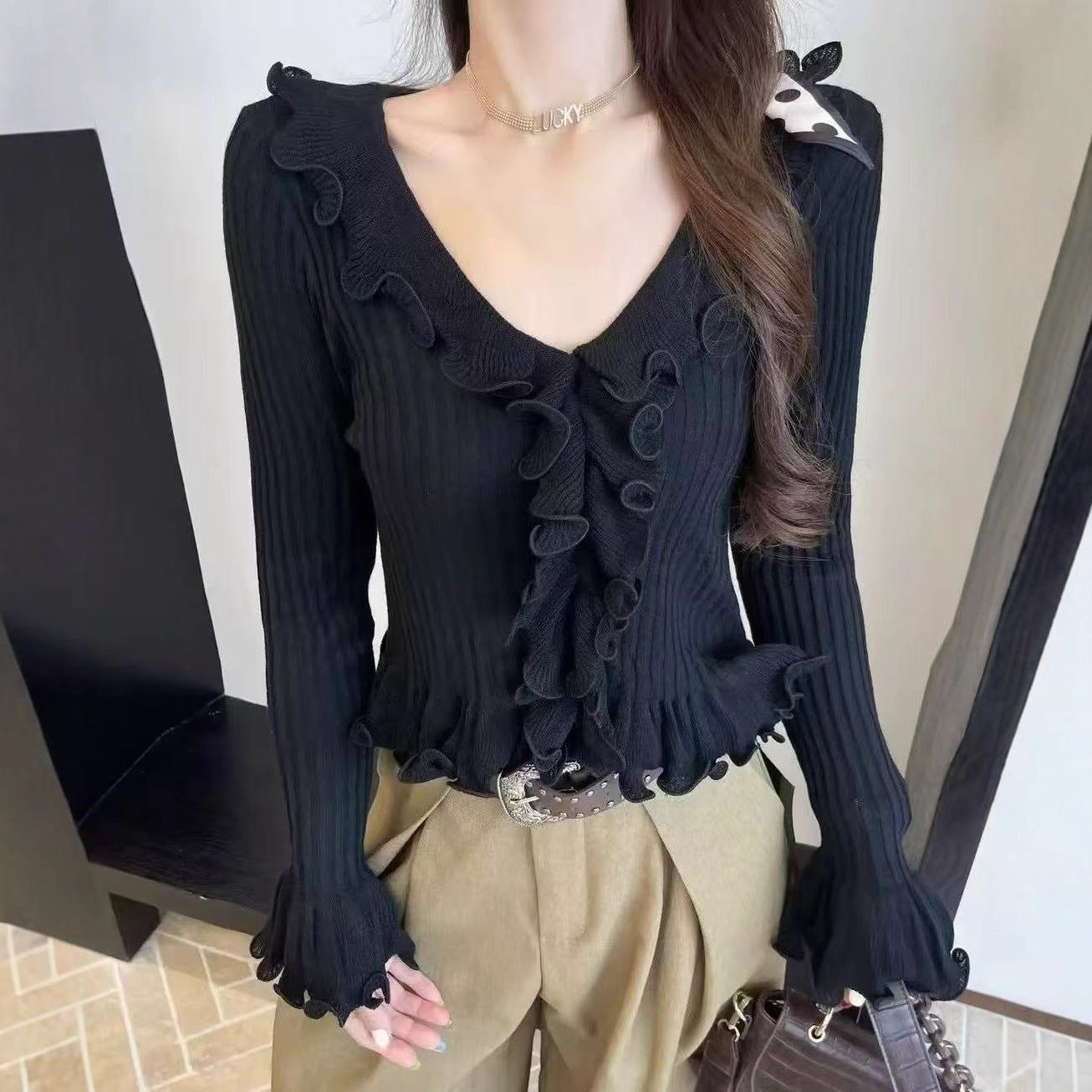 Ruffled V-Neck Knit Cardigan