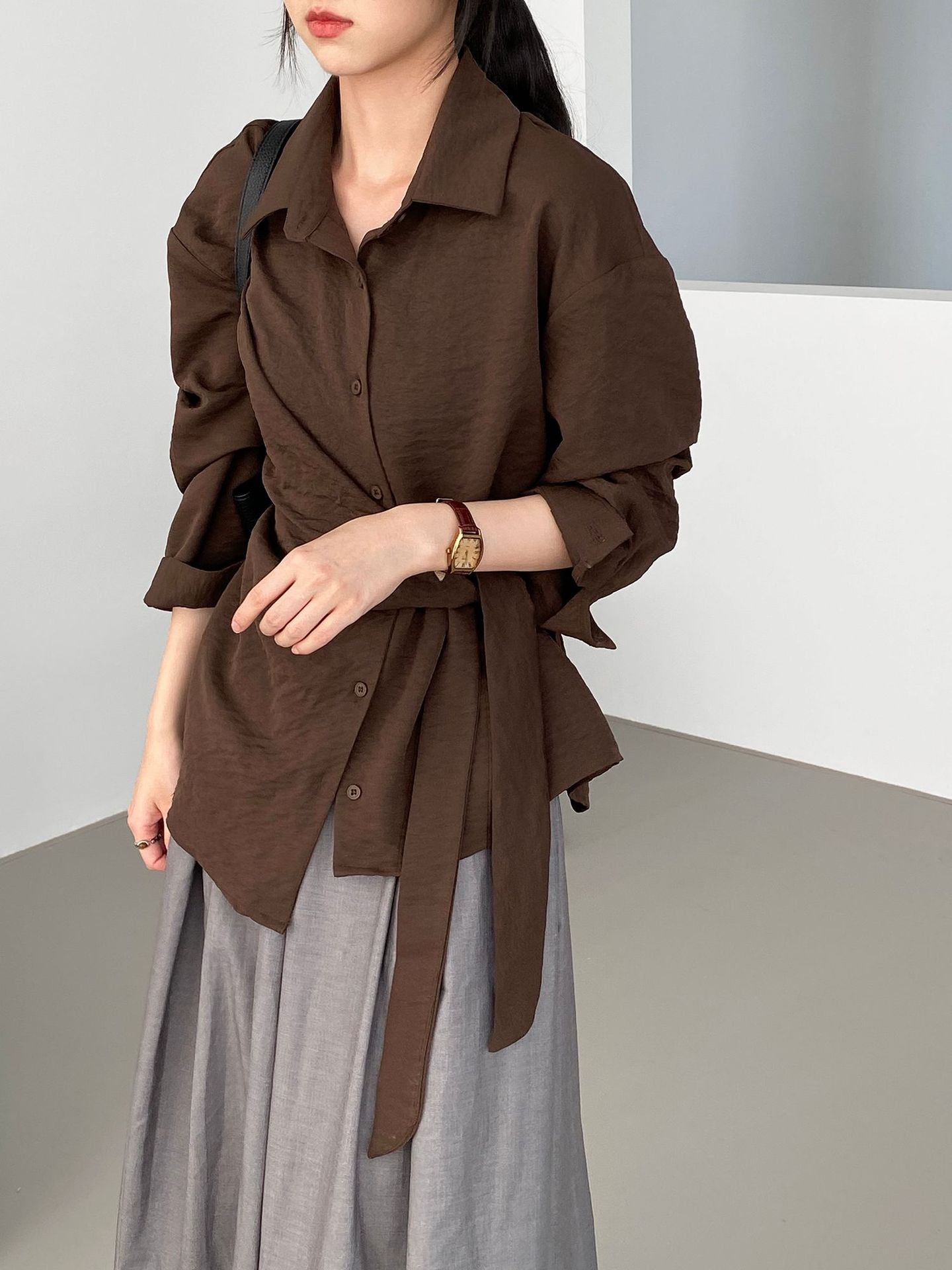 Long Sleeve Wrap-Tie Waist Shirt