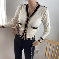 Contrast-Trim Metal Button Cardigan