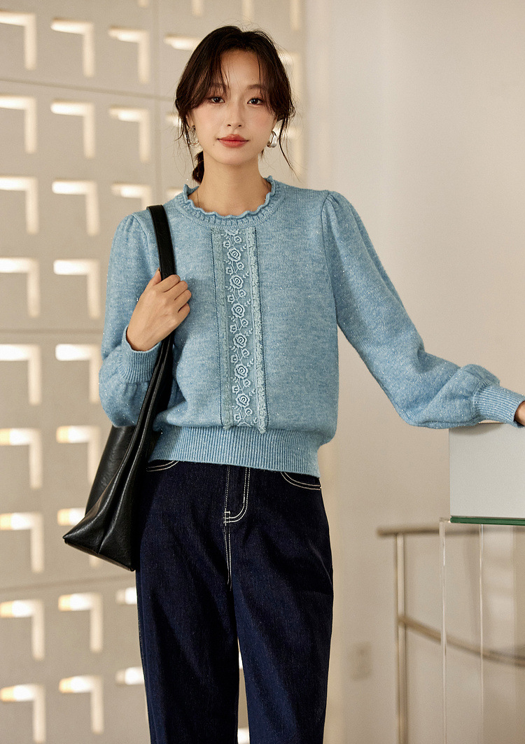 Lace Trim Crewneck Knit Sweater â€?Elegant Commuter Style