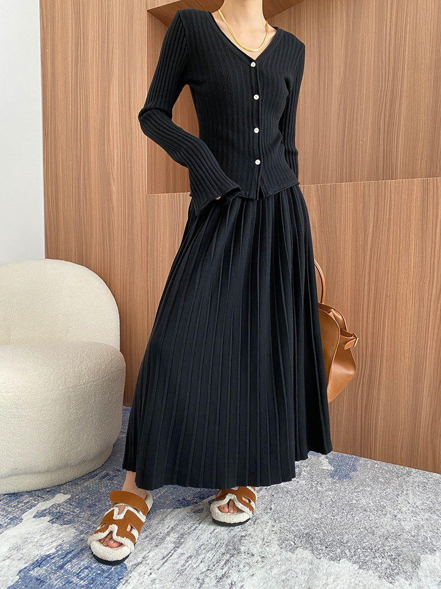Knit Cardigan & Pleated Midi Skirt Set