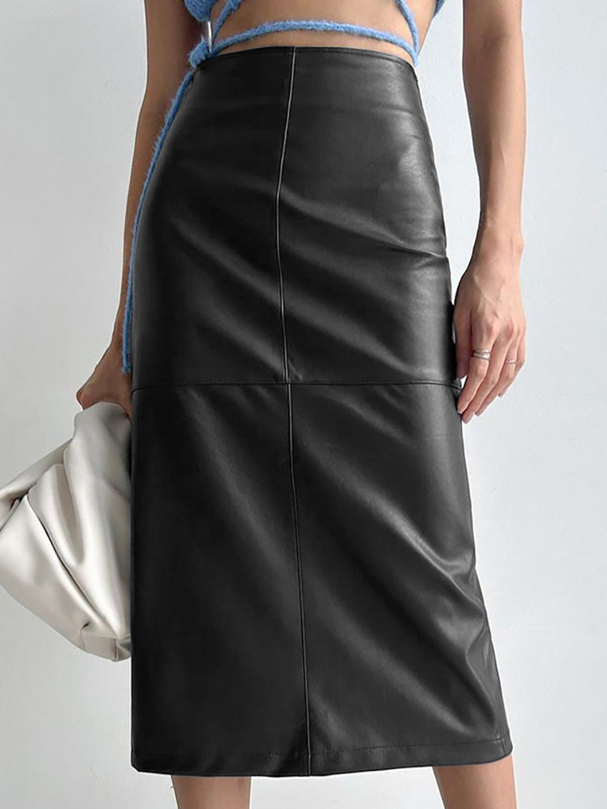 Faux Leather Piping Sit Midi Skirt