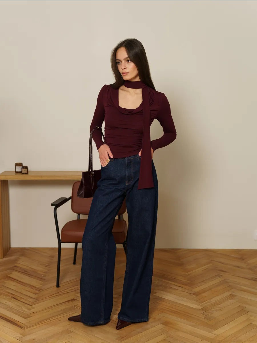 Cowl Neck Long Sleeve Tie Detail Knit Top