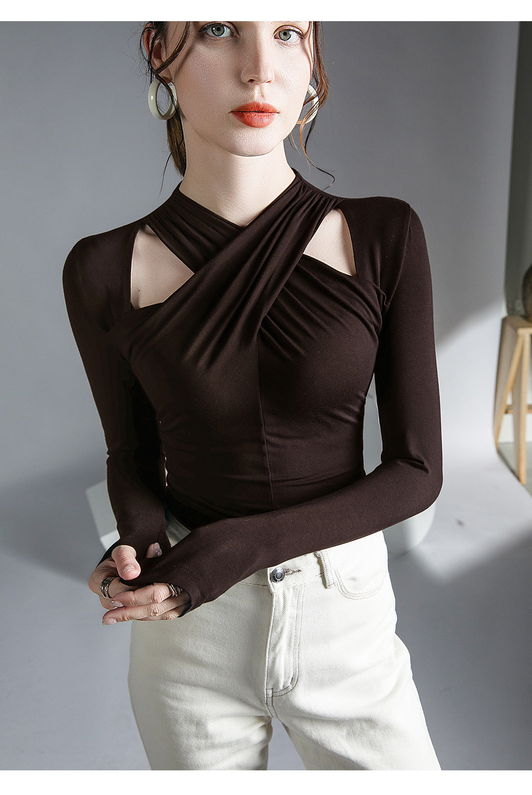 Twisted Front Detail Long Sleeve Knit Top