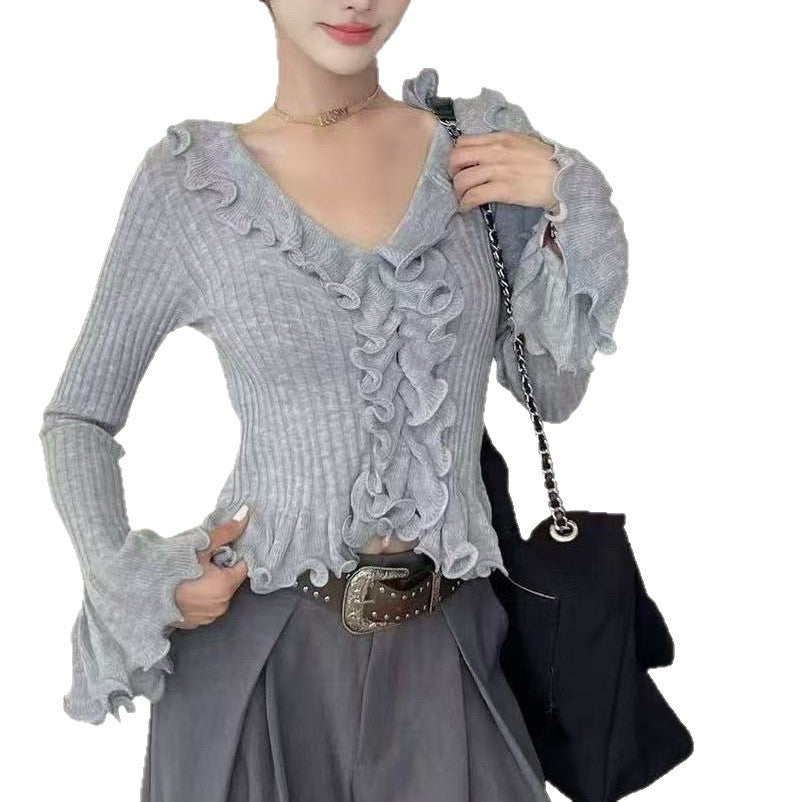 Ruffled V-Neck Knit Cardigan