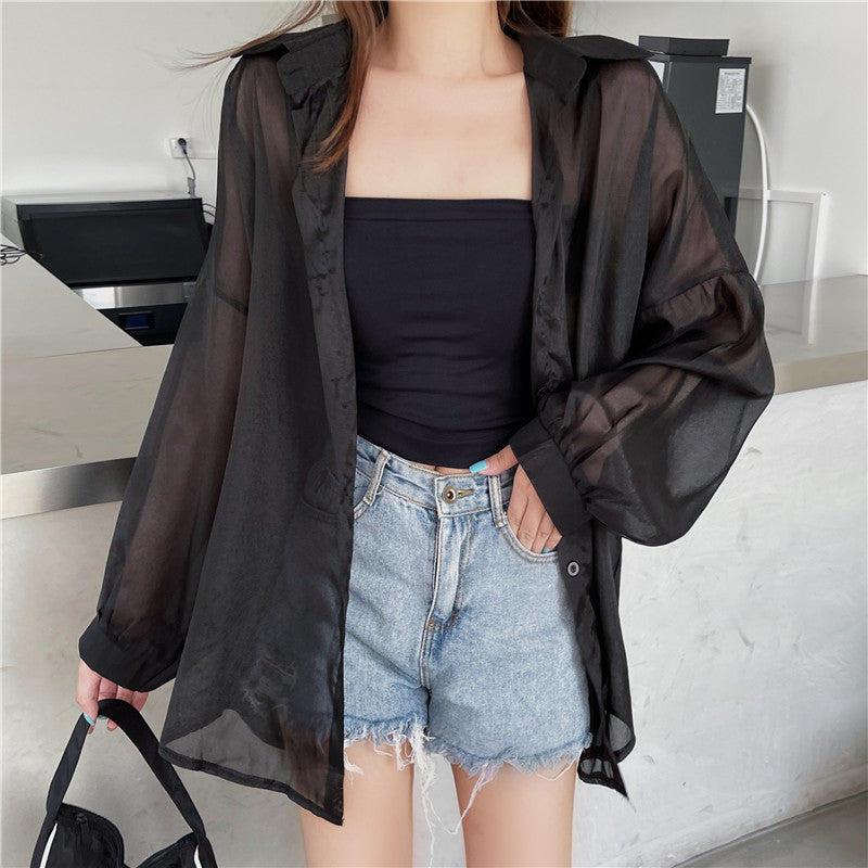 Sheer Chiffon Textured Metal Button Shirt