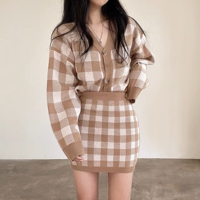 Checkered Wool Blend Button Cardigan And Skirt Set