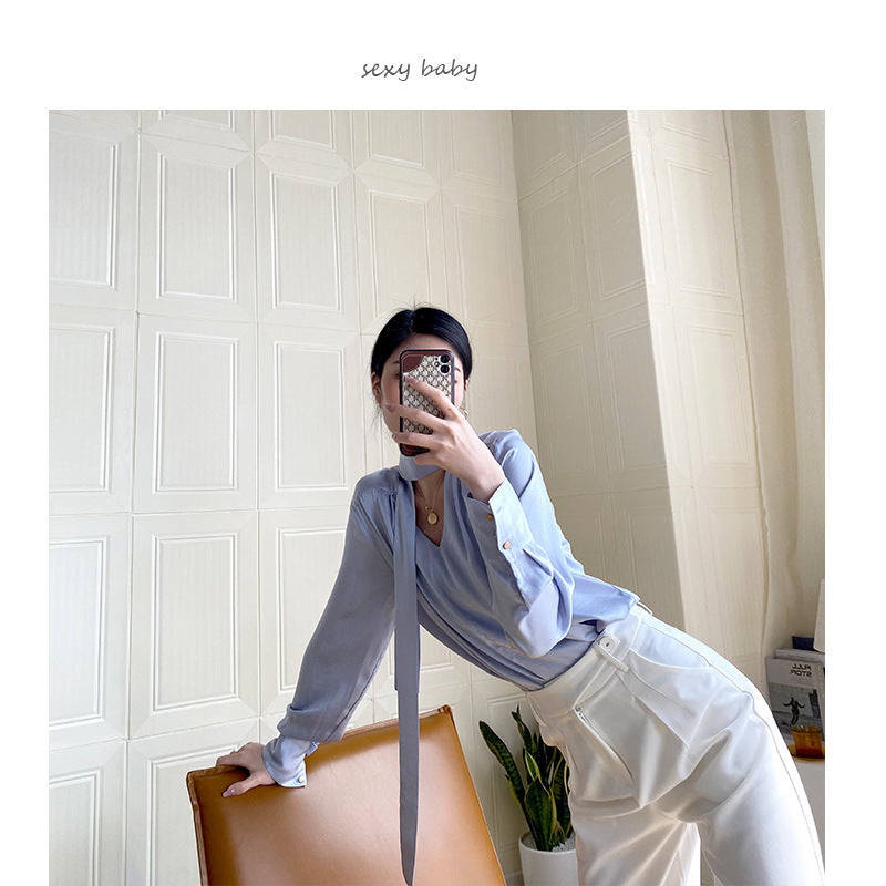 White Tie Neck Satin Blouse