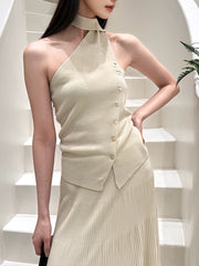 Cotton & Linen Halter Top With Decor Pockets