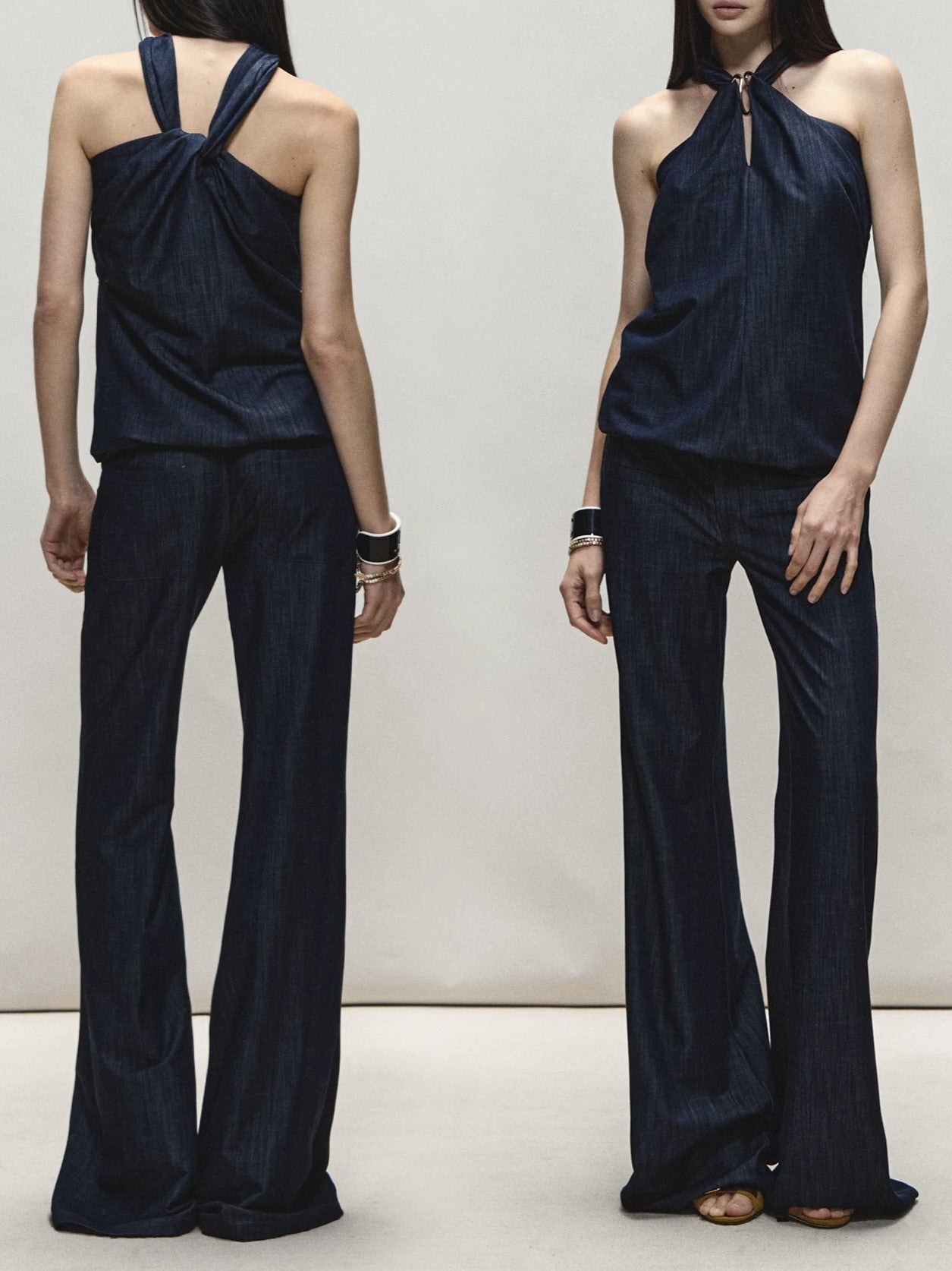 Satin Halter Neck Top and Wide-Leg Pants Set