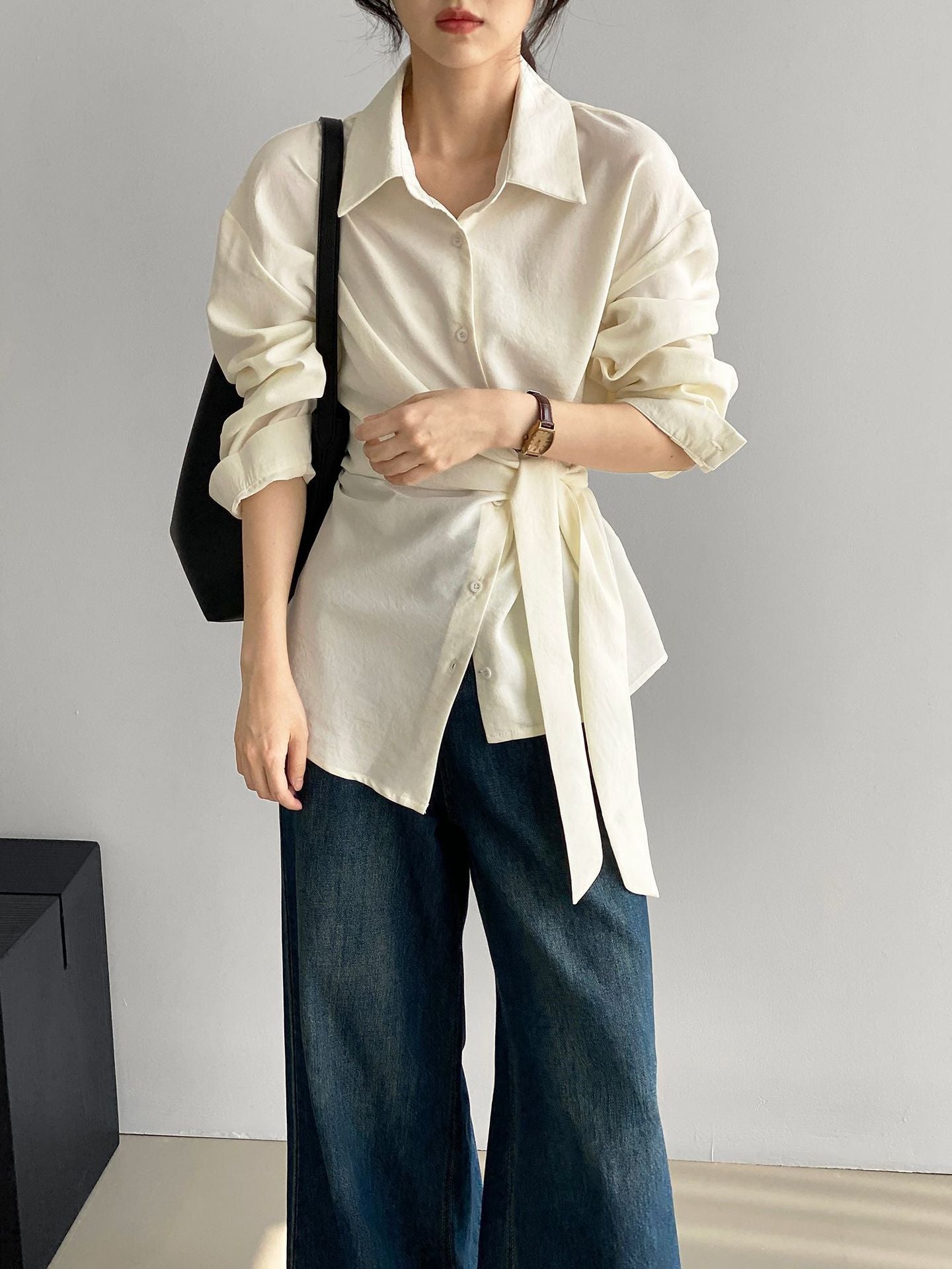 Long Sleeve Wrap-Tie Waist Shirt