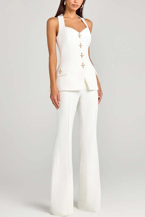 Cross-Shaped Button Blazer,Vest And Trouser Set