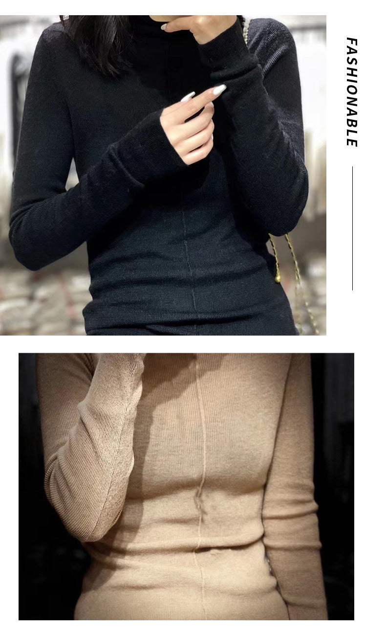 Wool Blend Mock Neck Fitted Long Sleeve Knit Top