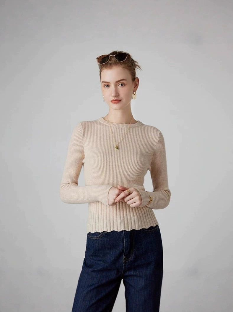 Ribbed Knit Mesh Ruffled Hem Bell Sleeve Top